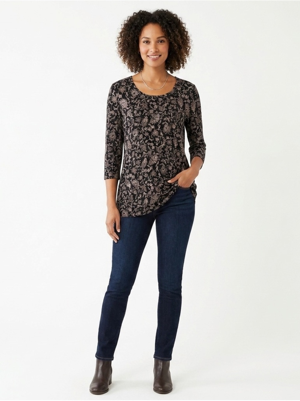 J Jill Black Floral Scoop Neck 3/4 Sleeve Top